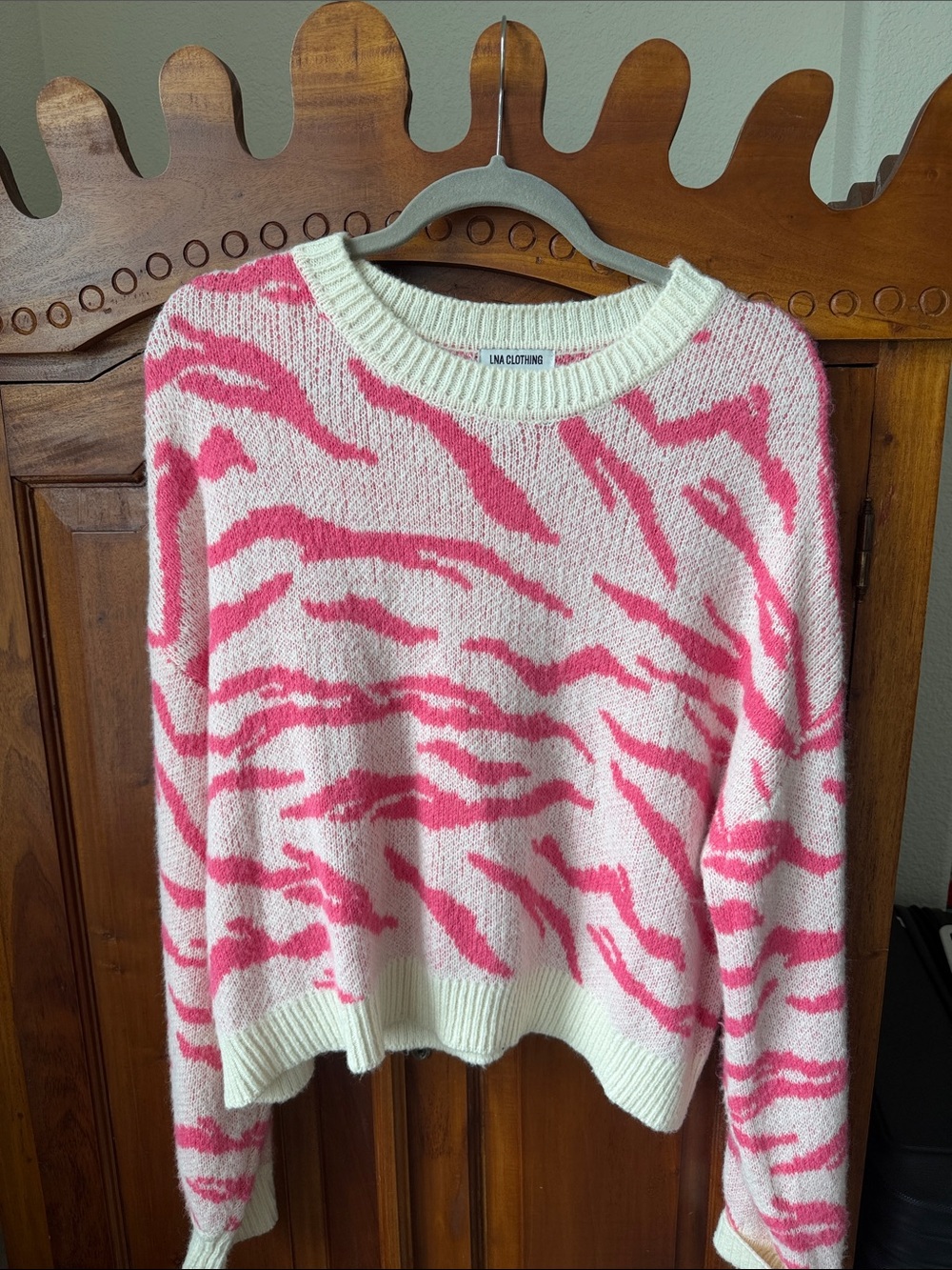 LNA Pink & Cream Zebra-Pattern Crewneck Sweater